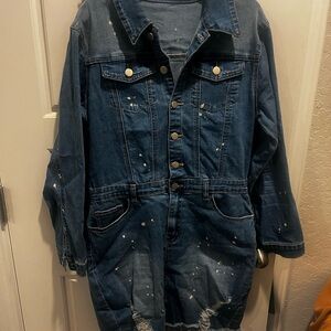 women’s Denim long sleeve dress with Distressed Details